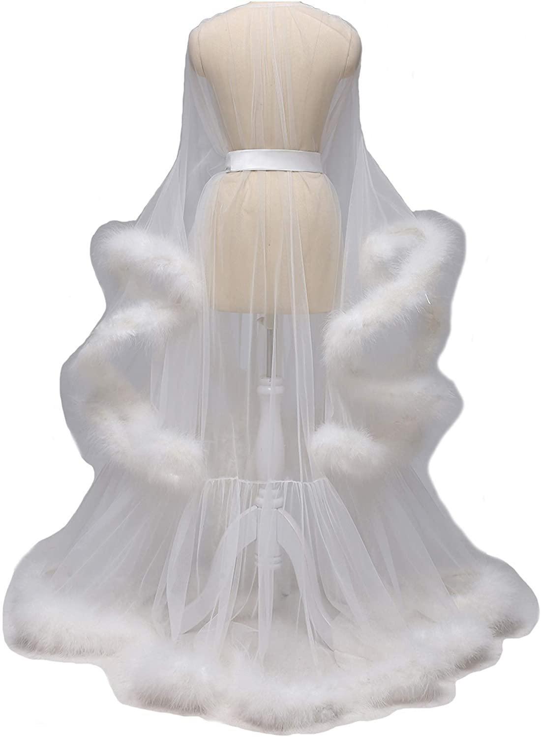 Kumeng Wedding Sexy Feather Robe Bridal Upgraded Illusion Tulle Long Scarf New Custom Made Apparel & Accessories > Clothing > Sleepwear & Loungewear > Robes Kumeng Ivory Medium 