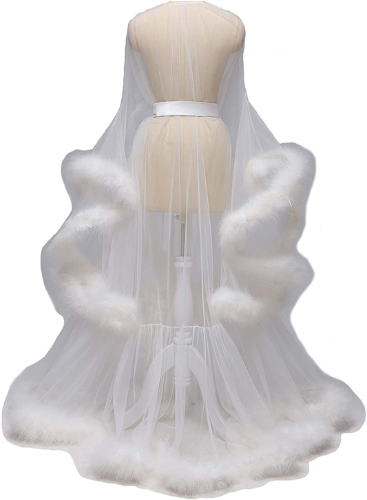 Kumeng Wedding Sexy Feather Robe Bridal Upgraded Illusion Tulle Long Scarf New Custom Made Apparel & Accessories > Clothing > Sleepwear & Loungewear > Robes Kumeng Ivory Medium 
