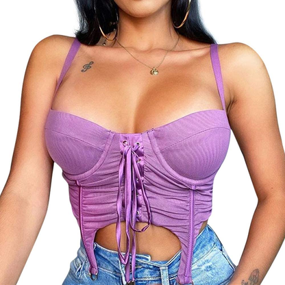 Rozegaga Womens Sexy Mesh Padded Ruched Lace up Bustier Backless Corset Crop Top Apparel & Accessories > Clothing > Underwear & Socks > Lingerie Rozegaga   