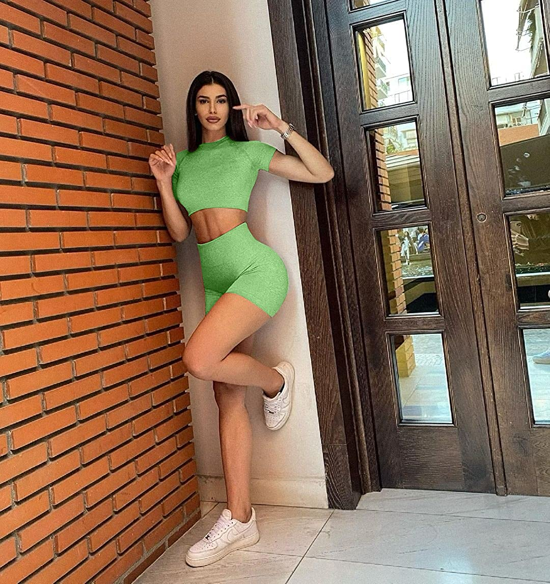 OYS Women'S Yoga 2 Piece Outfits Workout Running Crop Top Seamless High Waist Sports Shorts Sets Apparel & Accessories > Clothing > Underwear & Socks > Lingerie OYS   