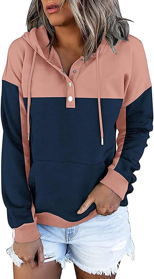 ETCYY Women'S Color Block Hoodies Tops Long Sleeve Casual Drawstring Button down Pullover Sweatshirt with Pocket Apparel & Accessories > Clothing > Activewear Kylie Max   