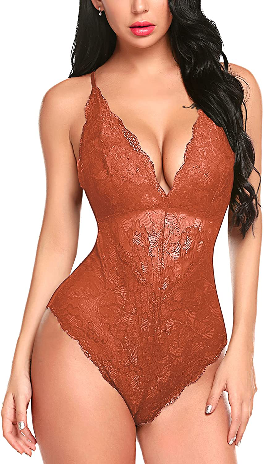 Avidlove Women Snap Crotch Lingerie Sexy Lace Bodysuit Deep V Teddy One Piece Lace Babydoll Apparel & Accessories > Clothing > Underwear & Socks > Lingerie Avidlove Orange Brown-(with Snap Crotch) 3X-Large 