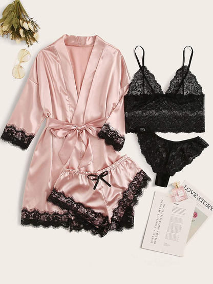 WDIRARA Women'S 4 Pieces Satin Floral Lace Cami Top Lingerie Pajama Set with Robe Apparel & Accessories > Clothing > Underwear & Socks > Lingerie WDIRARA   