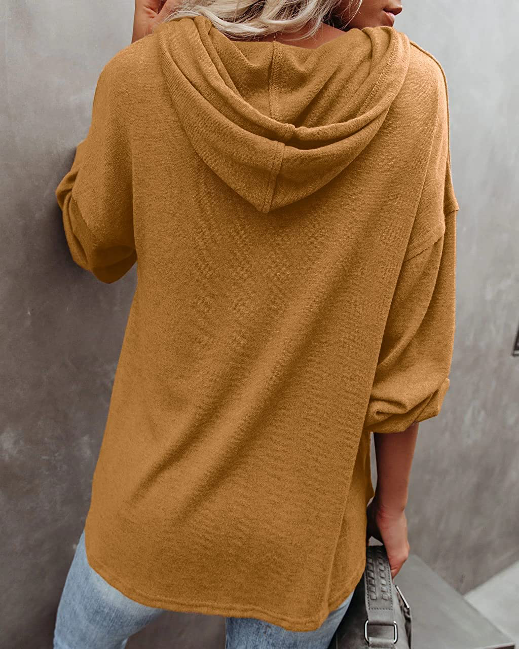 REVETRO Womens V Neck Long Sleeve Henley Shirts Button down Sweatshirts Hoodies Tunic Tops with Drawstring Apparel & Accessories > Clothing > Activewear Kylie Max   