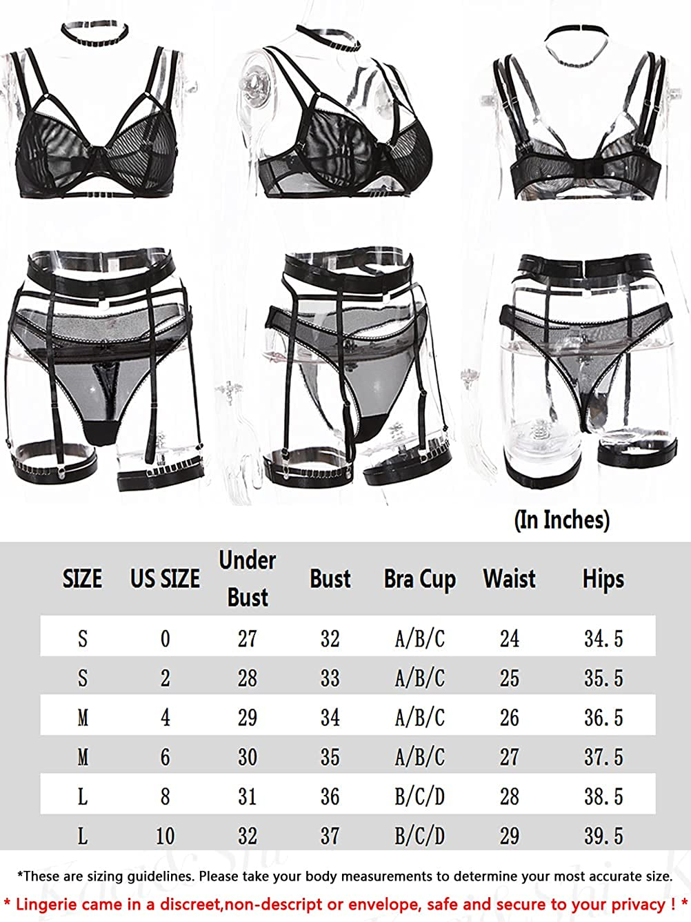 Kaei&Shi Mesh Sheer,Underwire Unpadded Bra,Thong,Thigh Straps,Garter Belt Lingerie for Women Apparel & Accessories > Clothing > Underwear & Socks > Lingerie Kaei&Shi   