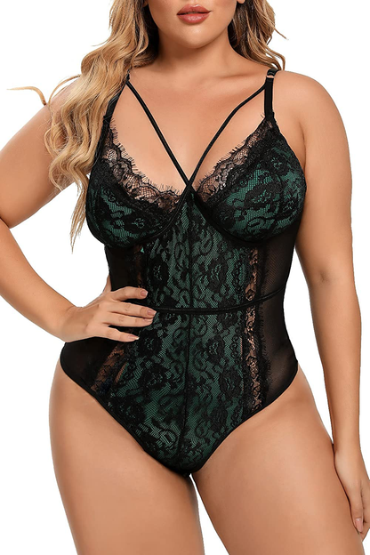 Plus Size Lingerie for Women Sexy Eyelash Lace Bodysuit Naughty Mesh One Piece Teddy Outfits Apparel & Accessories > Clothing > Underwear & Socks > Lingerie KYLIE MAX Black Green 3X-Large 