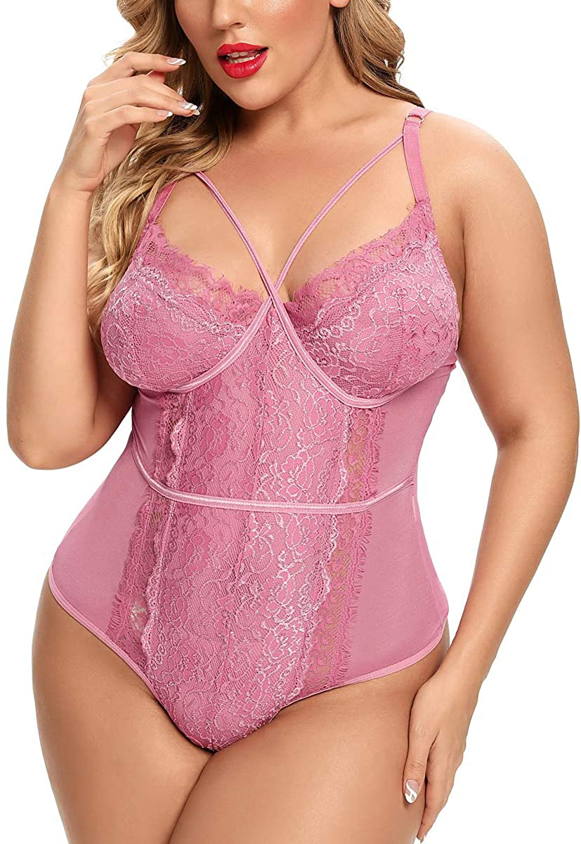 Plus Size Lingerie for Women Sexy Eyelash Lace Bodysuit Naughty Mesh One Piece Teddy Outfits Apparel & Accessories > Clothing > Underwear & Socks > Lingerie Ella Lust Dusty Pink XX-Large 