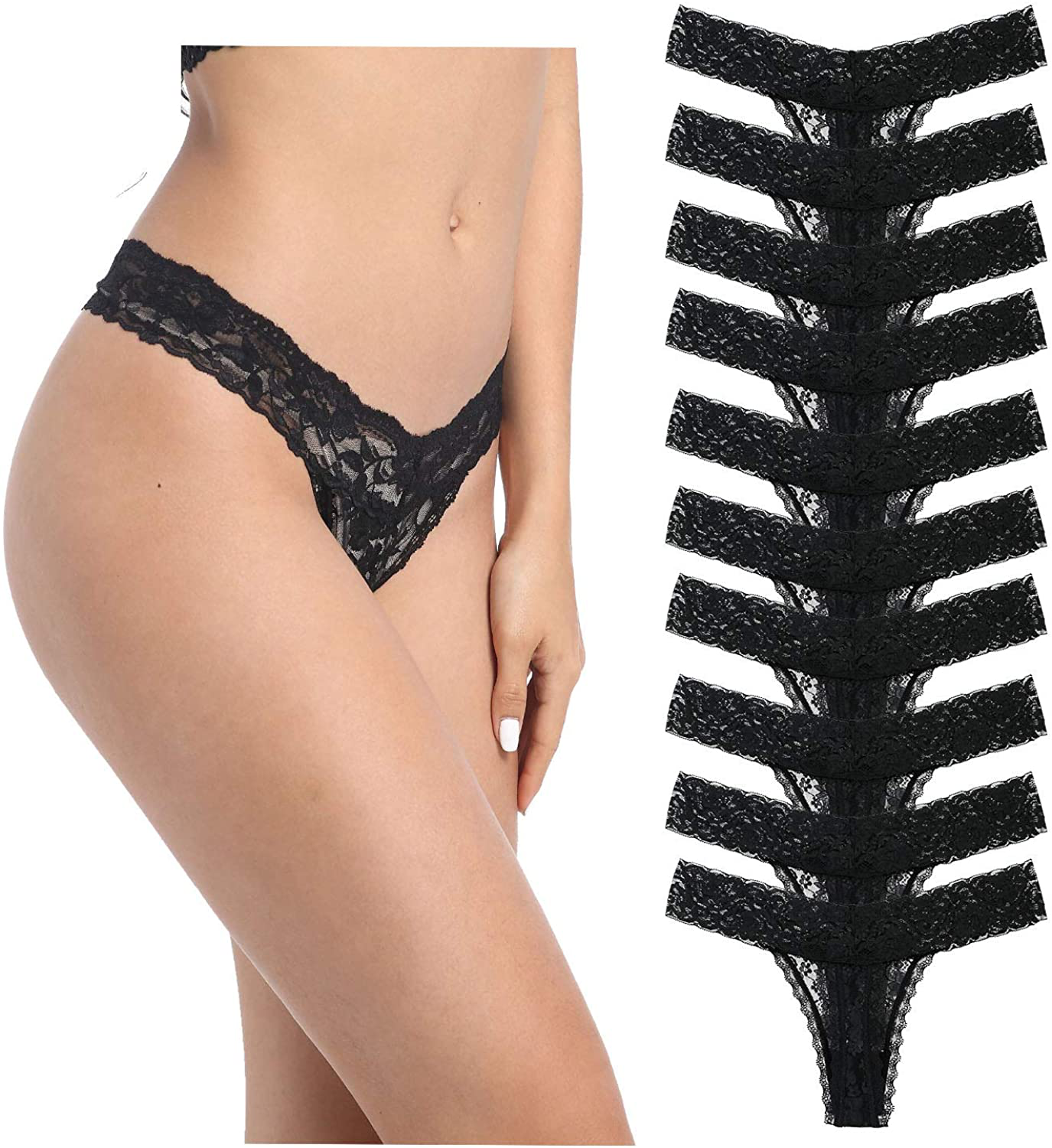 Women's Lace Thongs, T Back Low Waist See Through Panties Sexy Seamless V-Shape Design Lace Thongs for Women Apparel & Accessories > Clothing > Underwear & Socks > Underwear Delcroix Multicolored D - 10 Black Pack Large 