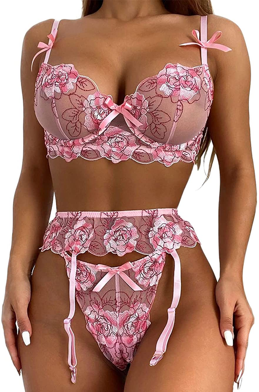 Kaei&Shi Floral Embroidered,Underwire,Cutout Back,G-String,Garter Lingerie Set Apparel & Accessories > Clothing > Underwear & Socks > Lingerie Kaei&Shi Pink 8-10 