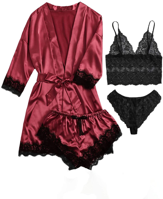 WDIRARA Women'S 4 Pieces Satin Floral Lace Cami Top Lingerie Pajama Set with Robe Apparel & Accessories > Clothing > Sleepwear & Loungewear Kylie Max   