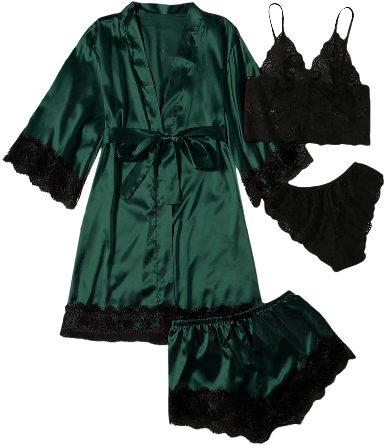 WDIRARA Women'S 4 Pieces Satin Floral Lace Cami Top Lingerie Pajama Set with Robe Apparel & Accessories > Clothing > Underwear & Socks > Lingerie WDIRARA Dark Green Solid Small 