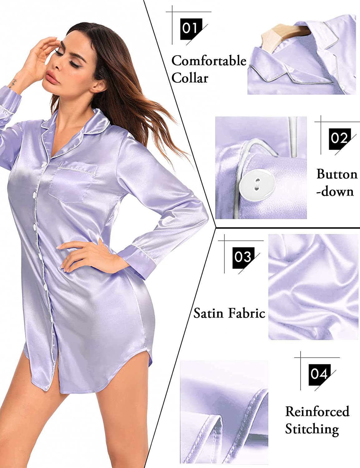 SWOMOG Women'S Satin Sleep Shirt Long Sleeve Sleepwear Silk Nightshirt Button down Pajama Top Apparel & Accessories > Clothing > Sleepwear & Loungewear > Nightgowns Kylie Max   