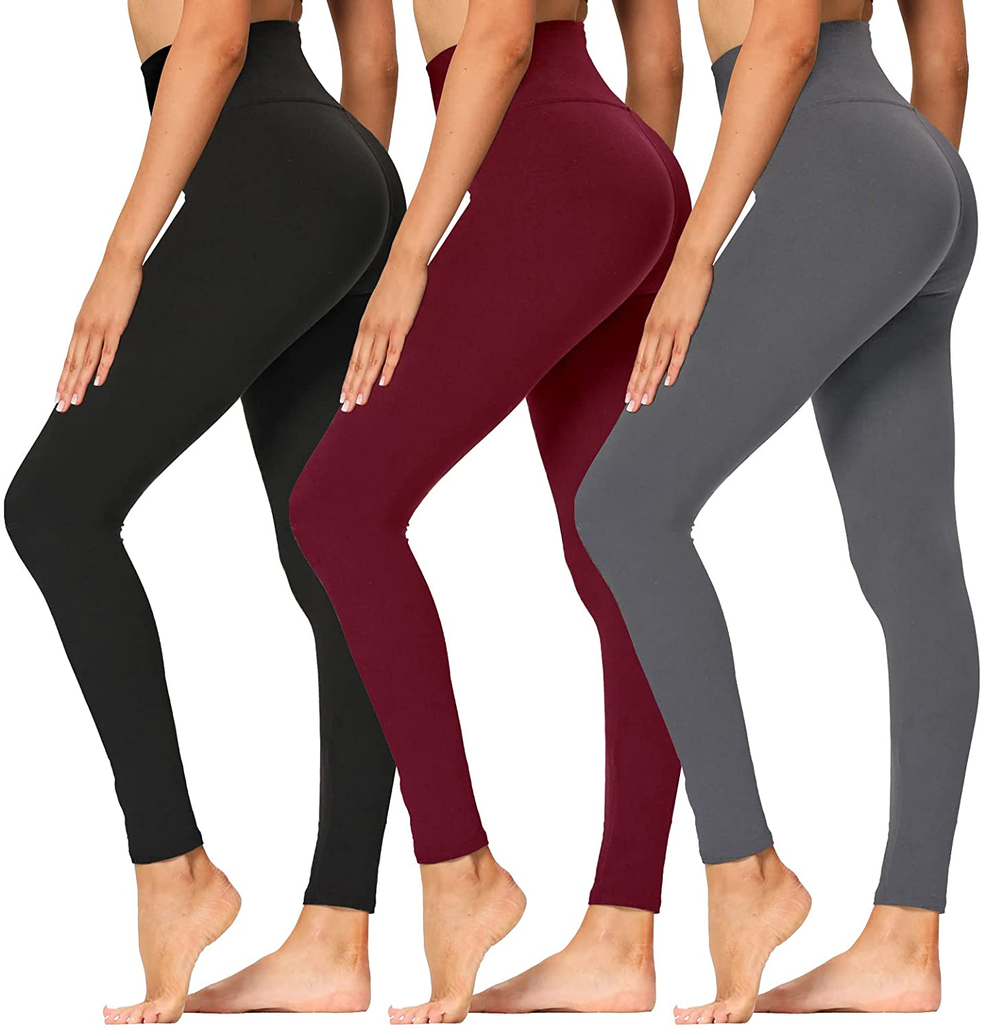 High Waisted Leggings for Women - Soft Athletic Tummy Control Pants for Running Cycling Yoga Workout - Reg & Plus Size Apparel & Accessories > Clothing > Activewear syrinx 3 Pack Black, Dark Grey, Wine Large-X-Large 