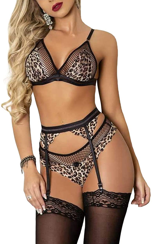 Women Harness Lace Lingerie Set Skirt 3 Pieces Bralettes and Garter Belt Apparel & Accessories > Clothing > Underwear & Socks > Lingerie QUEENIE VISCONTI Mesh Leopard Medium 