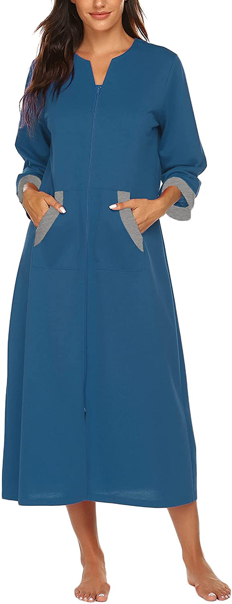 Ekouaer Women Zipper Robe 3/4 Sleeves Loungewear Full Length Sleepwear Pockets Housecoat Long Soft Bathrobe Apparel & Accessories > Clothing > Sleepwear & Loungewear > Robes Ekouaer   