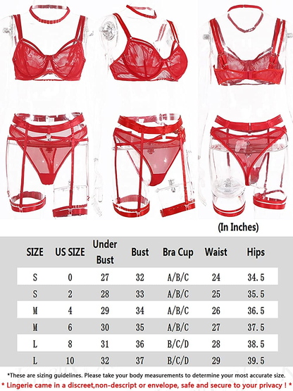 Kaei&Shi Mesh Sheer,Underwire Unpadded Bra,Thong,Thigh Straps,Garter Belt Lingerie for Women Apparel & Accessories > Clothing > Underwear & Socks > Lingerie Kaei&Shi   