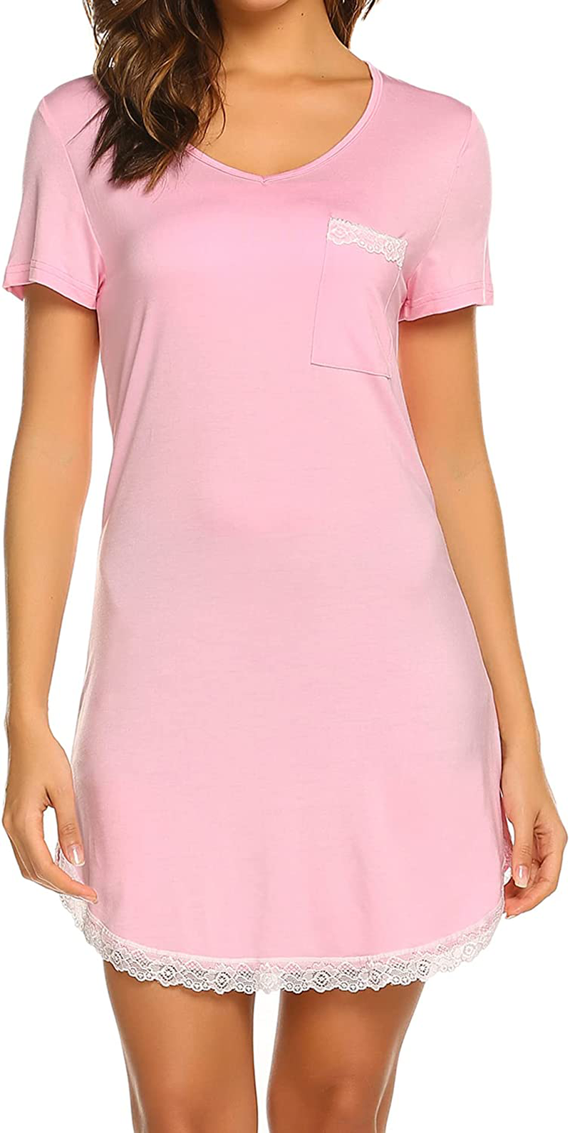 Ekouaer Nightgowns for Women Sexy Sleepshirts V Neck Short Sleeve Sleepwear Lace Trim Soft Short Night Shirts XS-3XL Apparel & Accessories > Clothing > Sleepwear & Loungewear > Nightgowns Kylie Max   
