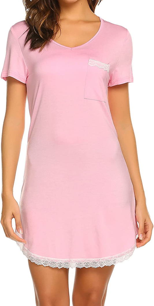 Ekouaer Nightgowns for Women Sexy Sleepshirts V Neck Short Sleeve Sleepwear Lace Trim Soft Short Night Shirts XS-3XL Apparel & Accessories > Clothing > Sleepwear & Loungewear > Nightgowns Kylie Max   