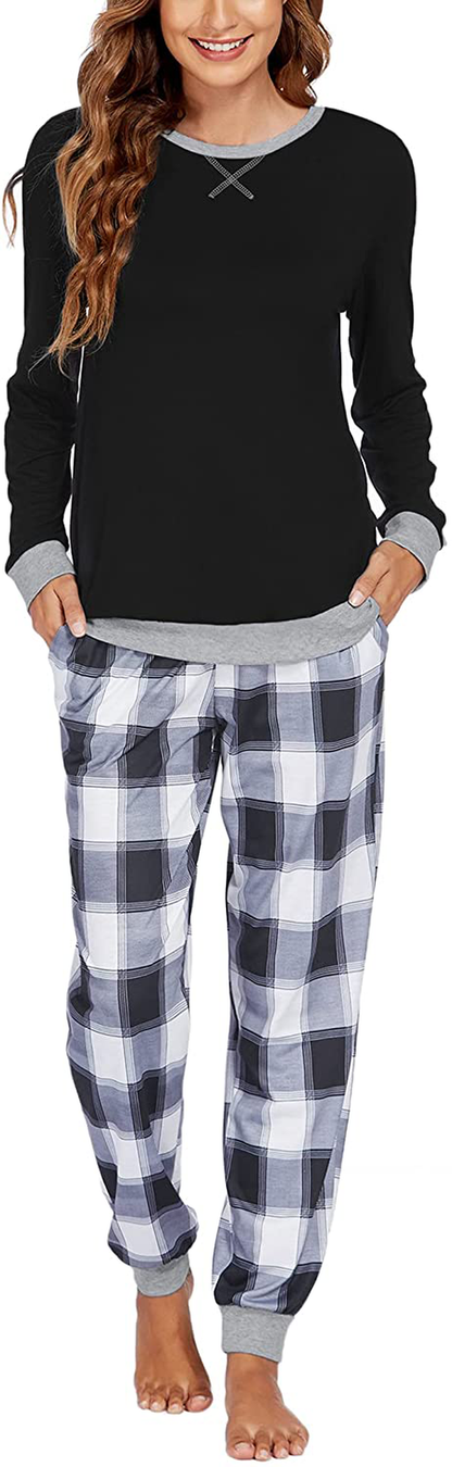 Ekouaer Women's Pajamas Sets Long Sleeve with Plaid Pants Soft Sleepwear O Neck 2 Piece Pjs Joggers Loung Set with Pockets Apparel & Accessories > Clothing > Sleepwear & Loungewear > Pajamas Ekouaer Pat16 XX-Large 