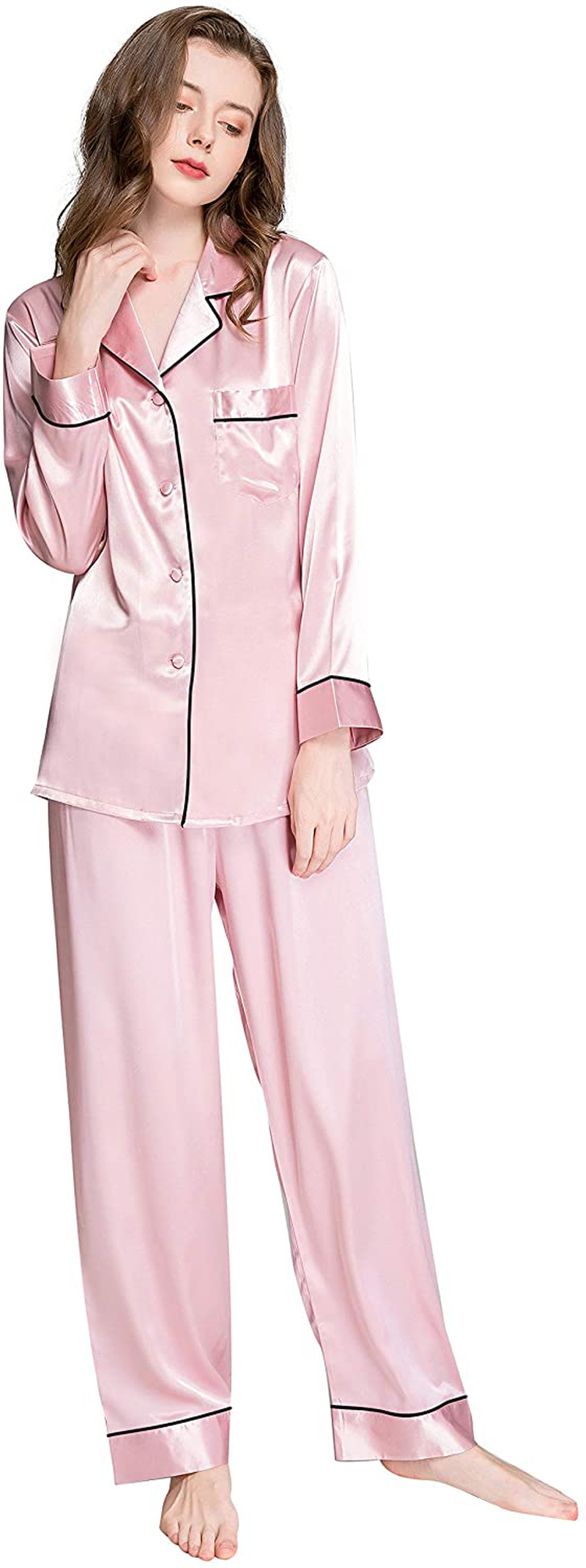 LONXU Womens Silk Satin Pajamas Set Button Down Sleepwear Loungewear XS~3XL Apparel & Accessories > Clothing > Sleepwear & Loungewear > Pajamas Lonxu Pink 3X-Large 
