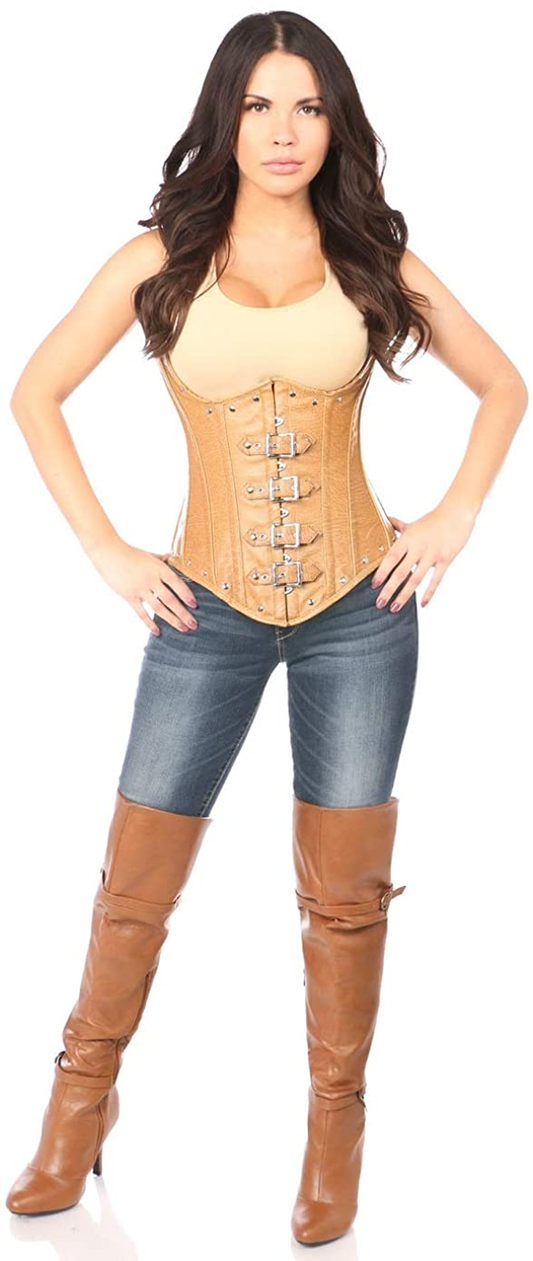 Daisy Corsets Top Drawer Steel Boned Distressed Faux Leather Underbust Corset Top Apparel & Accessories > Clothing > Underwear & Socks > Lingerie Daisy corsets Tan 2X 