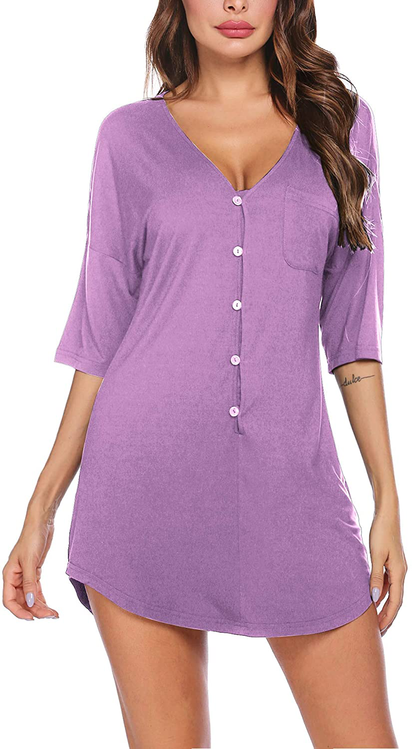 Ekouaer Nightgown Button down Nightshirt Short V Neck Night Shirts Womens Boyfriend Sexy Sleepwear S-XXL Apparel & Accessories > Clothing > Sleepwear & Loungewear > Nightgowns Kylie Max   