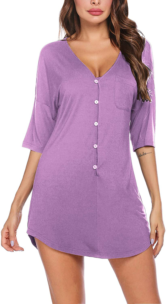 Ekouaer Nightgown Button down Nightshirt Short V Neck Night Shirts Womens Boyfriend Sexy Sleepwear S-XXL Apparel & Accessories > Clothing > Sleepwear & Loungewear > Nightgowns Kylie Max   
