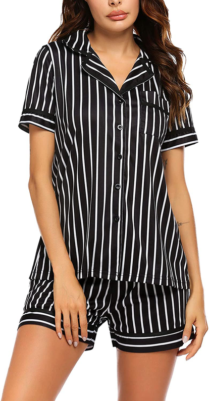 Ekouaer Pajamas Soft Striped Women's Short Sleeve Button Sleepwear Shorts Shirt PJ Set(S-XXL) Apparel & Accessories > Clothing > Sleepwear & Loungewear > Pajamas Ekouaer E-black Vertical Striped Large 