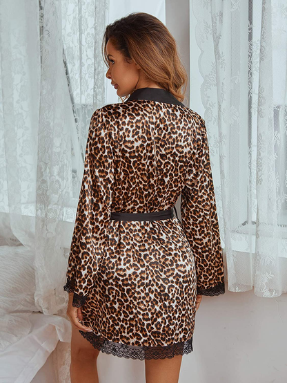 WDIRARA Women'S Satin Leopard Print Lace Trim Long Sleeve Belted Night Robe Apparel & Accessories > Clothing > Sleepwear & Loungewear > Robes WDIRARA   