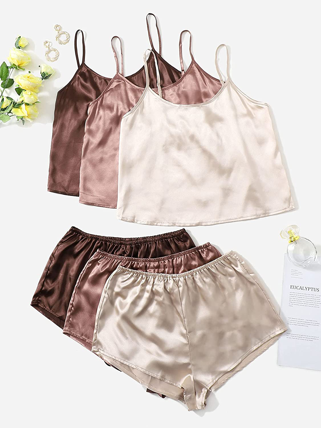 Shein Women'S 3 Sets Satin Pajama Set Sleeveless Crop Cami and Elastic Waist Shorts Sleepwear Lounge Set Apparel & Accessories > Clothing > Sleepwear & Loungewear Kylie Max   