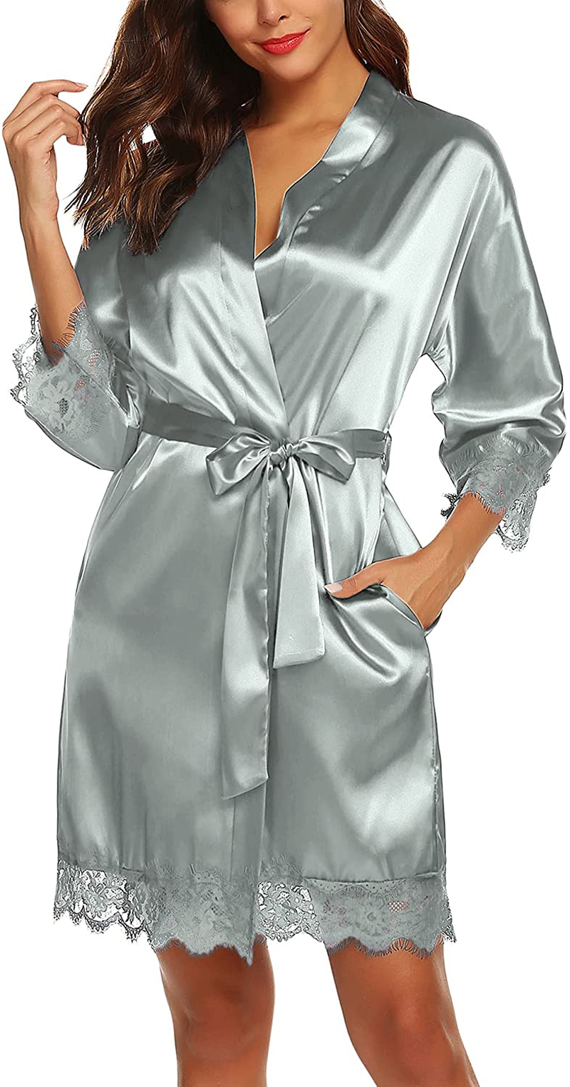 URRU Women'S Satin Silk Bathrobe Oblique V-Neck Short Kimono Robe Bridesmaids Robe S-XXXL Apparel & Accessories > Clothing > Sleepwear & Loungewear > Robes KYLIE MAX Grey Blue Large 