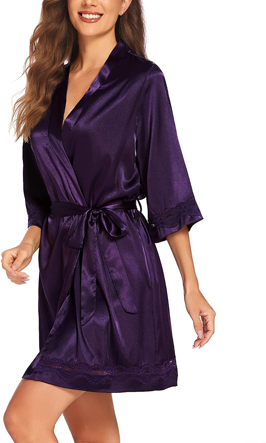 Ekouaer Women'S Lace-Trim Kimono Style Short Satin Robe Sleepwear with 3/4 Sleeve Apparel & Accessories > Clothing > Sleepwear & Loungewear > Robes Kylie Max   