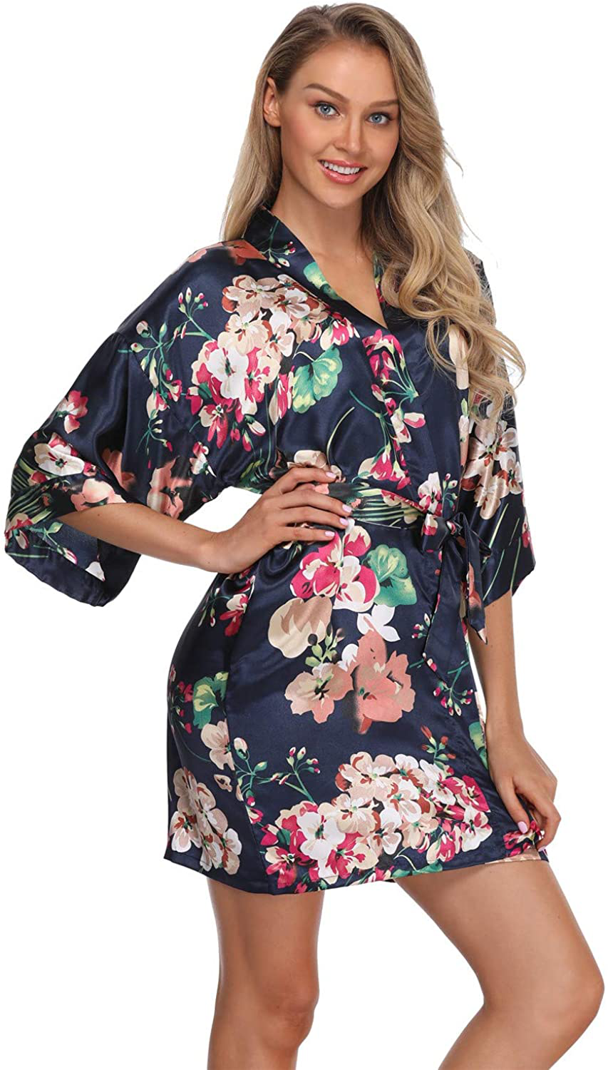 Women'S Floral Satin Kimono Robes Short Bridesmaid Robes for Wedding Party Apparel & Accessories > Clothing > Sleepwear & Loungewear > Robes Super Shopping-zone   