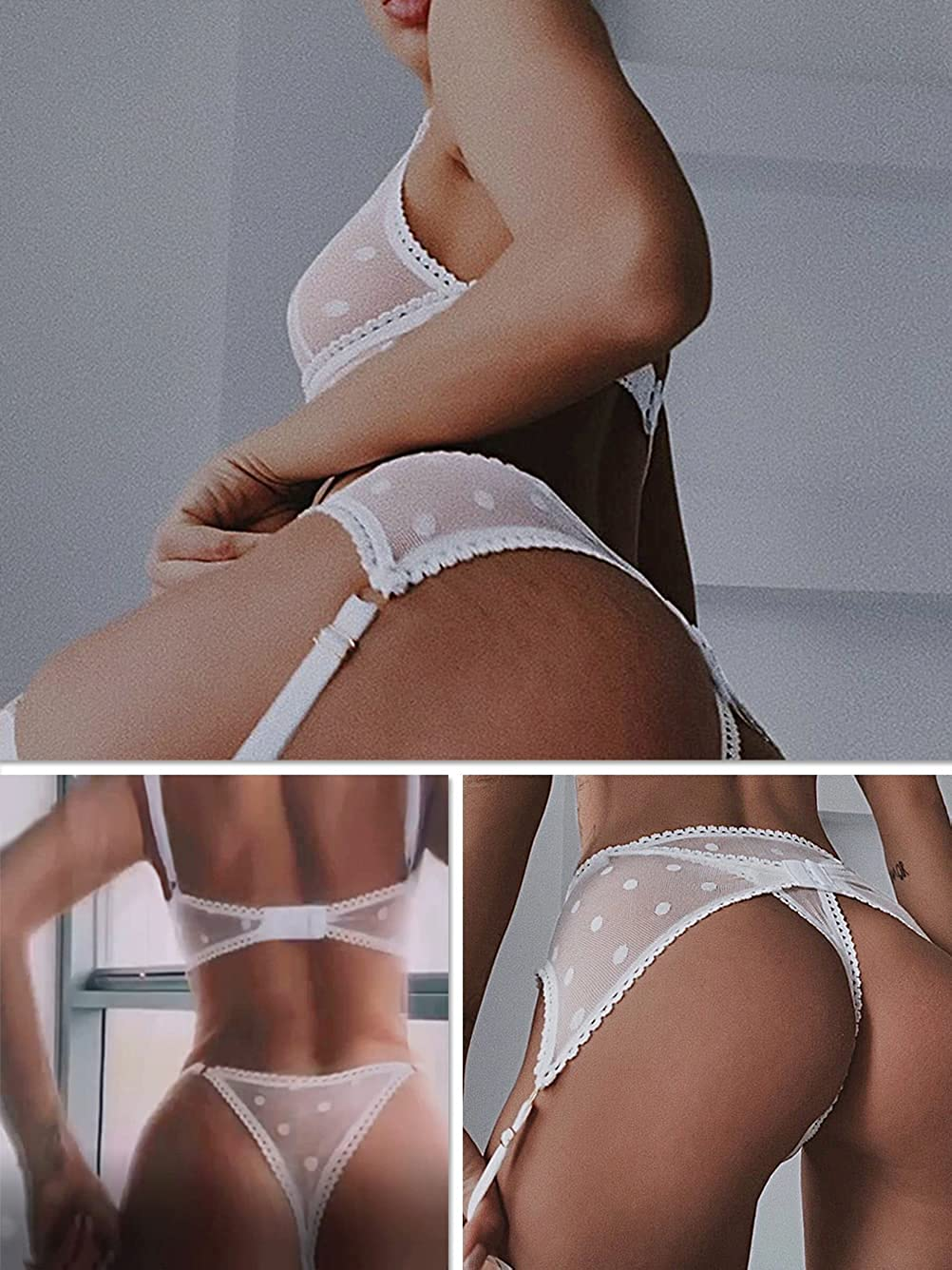 Kaei&Shi Polka Dot Print,Sheer Bralette,Non-Removable Thigh Straps,Garter Belt Lingerie for Women Apparel & Accessories > Clothing > Underwear & Socks > Lingerie Kaei&Shi   