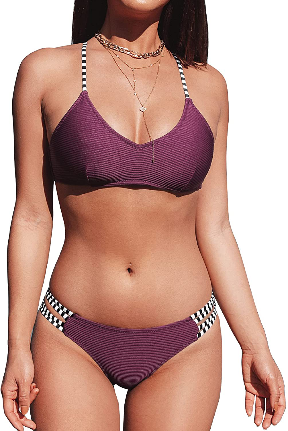 CUPSHE Women's Ribbed Strappy Self Tie Low Waist Bikini Set Apparel & Accessories > Clothing > Swimwear KYLIE MAX Purple Small 