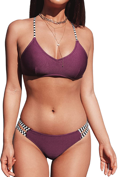 CUPSHE Women's Ribbed Strappy Self Tie Low Waist Bikini Set Apparel & Accessories > Clothing > Swimwear KYLIE MAX Purple Small 