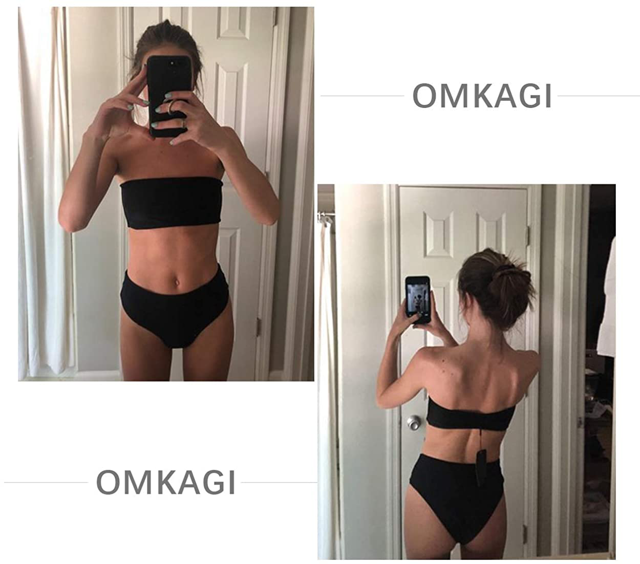OMKAGI Women's 2 Pieces Bandeau Bikini Swimsuits Off Shoulder High Waist Bathing Suit High Cut Apparel & Accessories > Clothing > Swimwear OMKAGI   