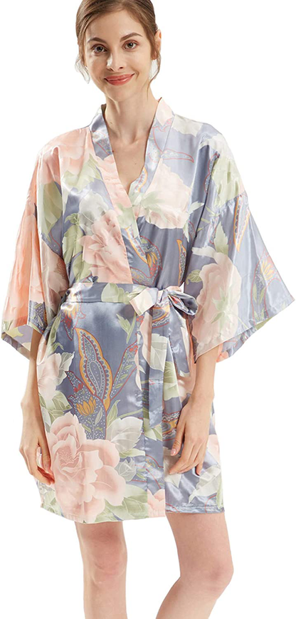 QXQTER Floral Satin Bridal Robe Silk Bridesmaid Robes Bridal Party Robe Dressing Gown Wedding Gifts Apparel & Accessories > Clothing > Sleepwear & Loungewear > Robes QXQTER Gray  