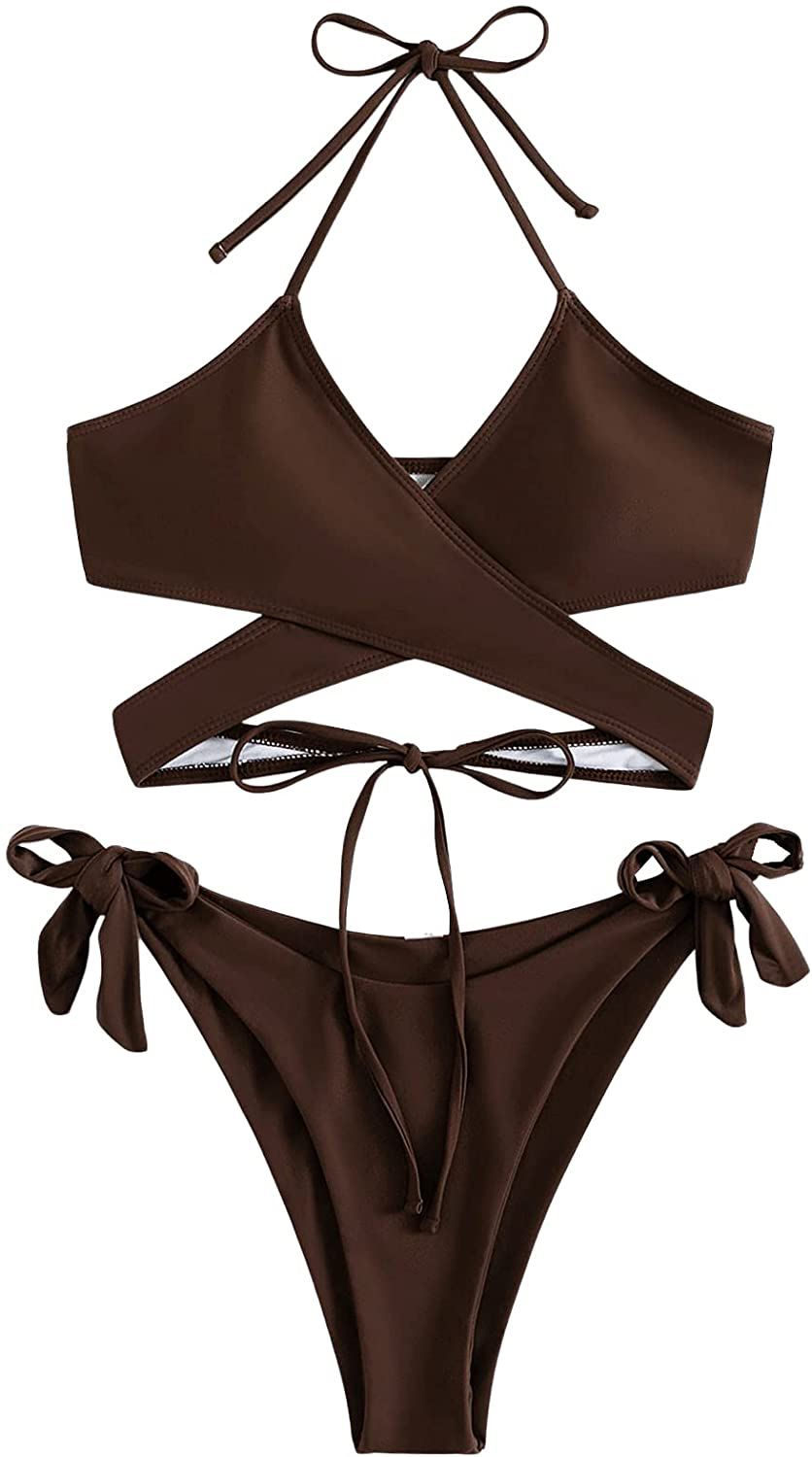 SOLY HUX Women's Halter Triangle Tie Side Bikini 2 Piece Swimsuits Apparel & Accessories > Clothing > Swimwear SOLY HUX Coffee Brown Solid Medium 
