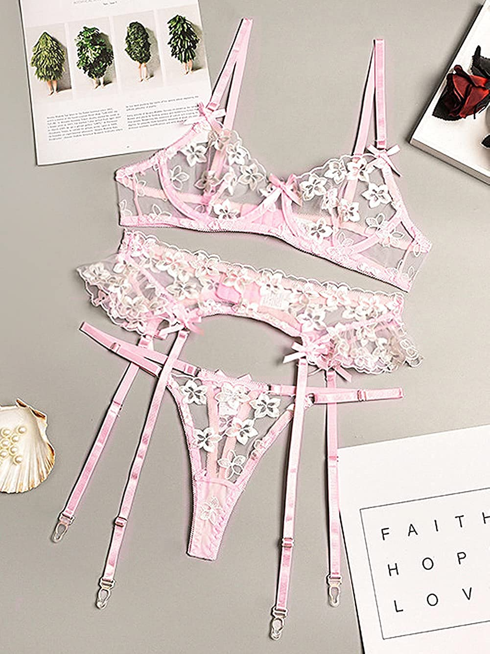 Kaei&Shi Garter Lingerie for Women,Underwire Embroidered Sexy Lingerie,Ruffle 3 Piece Lingerie Set Apparel & Accessories > Clothing > Underwear & Socks > Lingerie Kaei&Shi   