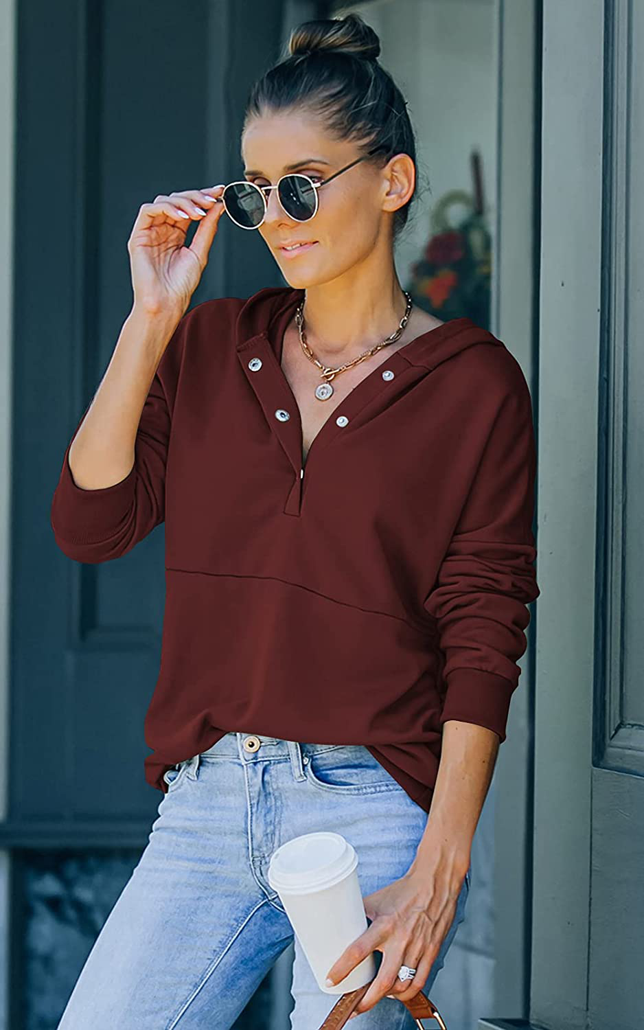 KIRUNDO Women'S Long Sleeve Casual Sweatshirts Women Hoodies Solid Color Button Collar Fall Pullover Tops Apparel & Accessories > Clothing > Activewear Kylie Max   