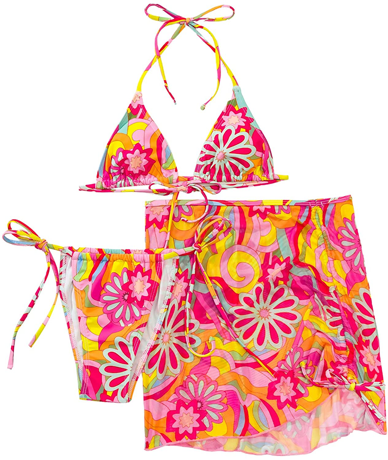 SOLY HUX Women's Wrap Triangle Bikini Bathing Suits with Mesh Beach Skirt 3 Piece Swimsuits Apparel & Accessories > Clothing > Swimwear KYLIE MAX Floral Print Multicoloured Medium 