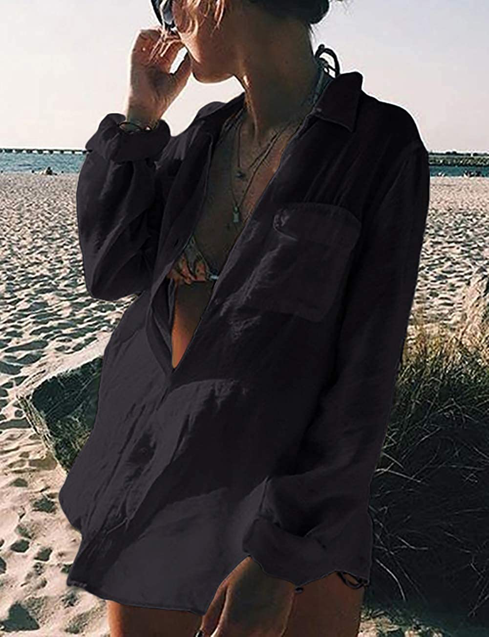 Bsubseach Women Long Sleeve Beach Shirt Blouses Turn down Collar Bathing Suit Cover Ups Apparel & Accessories > Clothing > Swimwear Kylie Max   