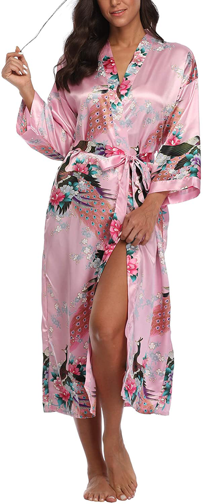 Witbuy Women'S Long Floral Kimono Robes for Party Satin Peacock Printed Bathrobe Silky Nightgown Lightweight Loungewear Apparel & Accessories > Clothing > Sleepwear & Loungewear > Robes WitBuy   