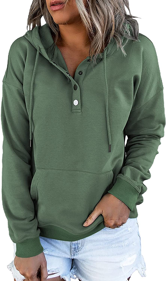 Dokotoo Womens Casual Button Collar Drawstring Long Sleeve Hoodies Pullover Sweatshirts Hooded Tops Apparel & Accessories > Clothing > Activewear Kylie Max   