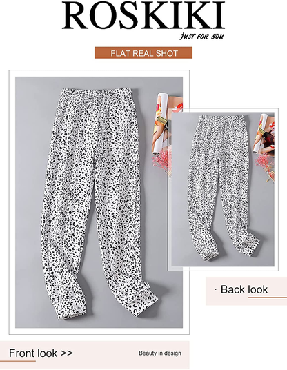 ROSKIKI Womens Leopard Drawstring Elastic Waist Sports Lounge Pants with Pockets Apparel & Accessories > Clothing > Activewear Kylie Max   