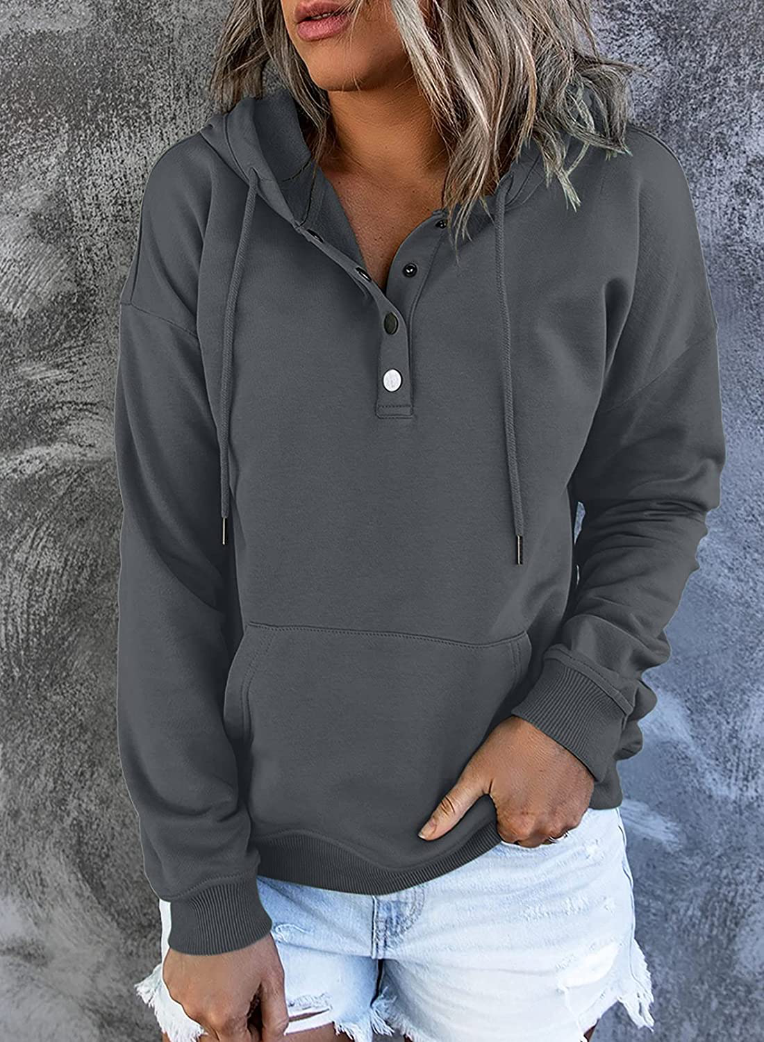 Dokotoo Womens Casual Button Collar Drawstring Long Sleeve Hoodies Pullover Sweatshirts Hooded Tops Apparel & Accessories > Clothing > Activewear Kylie Max   