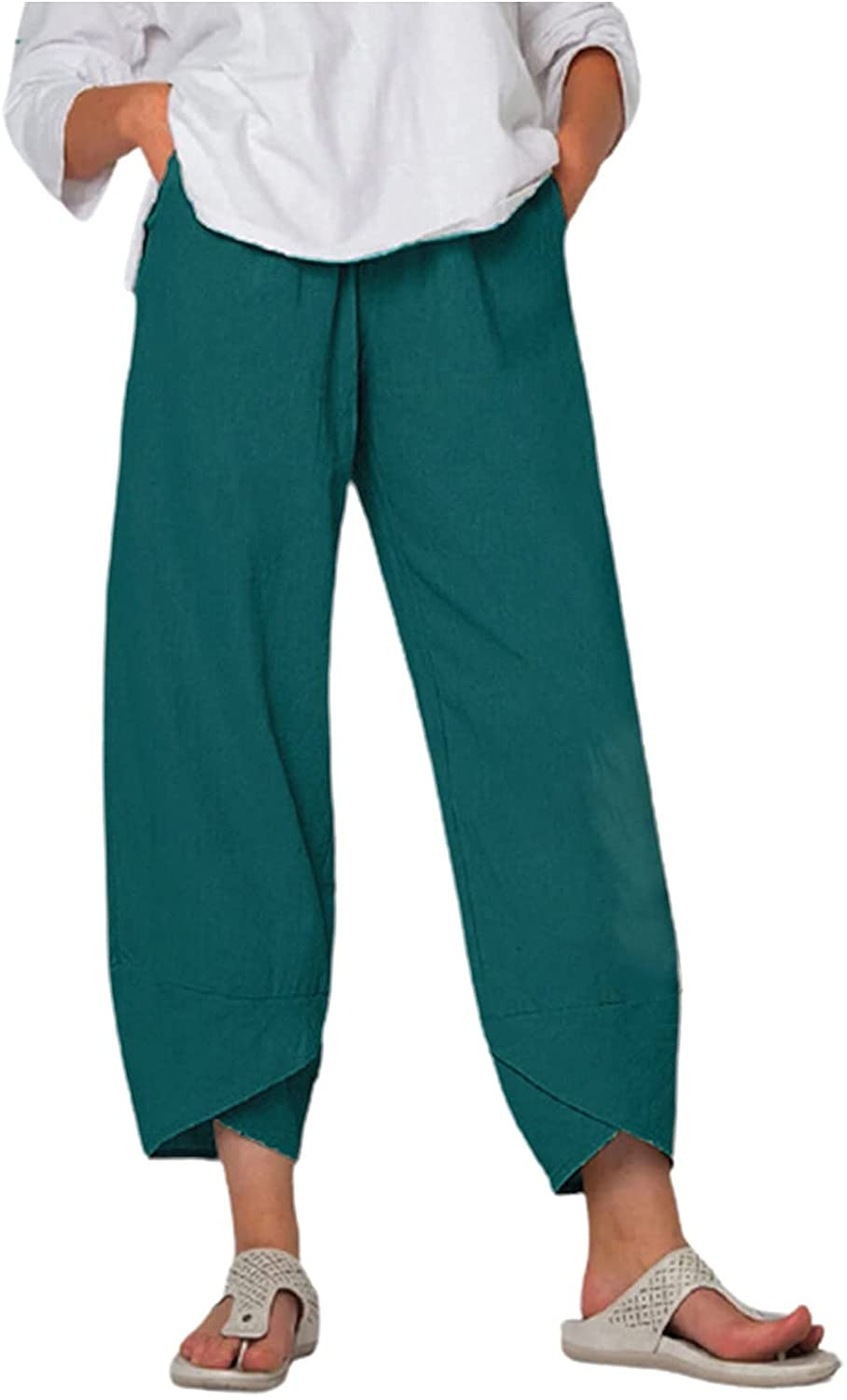 Burband Womens Summer Baggy Cotton Linen Cropped Work Pants Casual Drawstring Loose Beach Yoga Harem Pants plus Size S-6XL Apparel & Accessories > Clothing > Underwear & Socks > Shapewear Burband 1green 3X-Large 