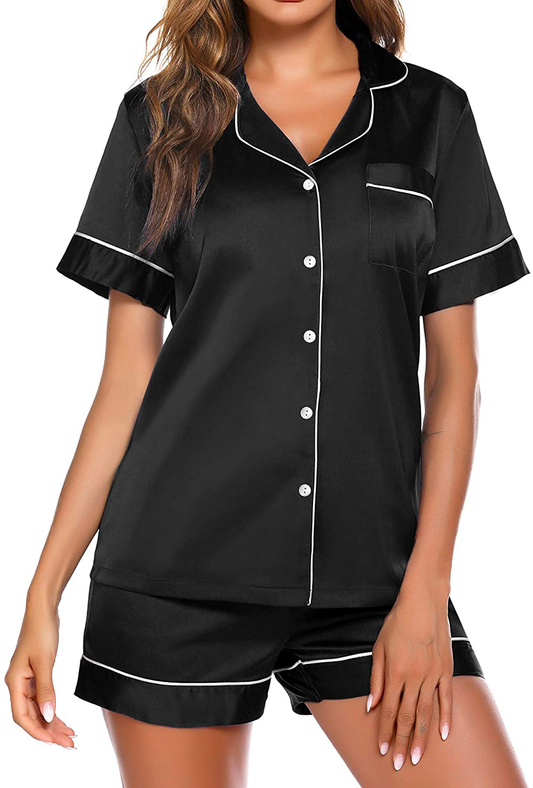 Ekouaer Satin Pajamas Women'S Short Sleeve Sleepwear Soft Silk Button down Loungewear Pjs Shorts Set S-XXL Apparel & Accessories > Clothing > Sleepwear & Loungewear Kylie Max   
