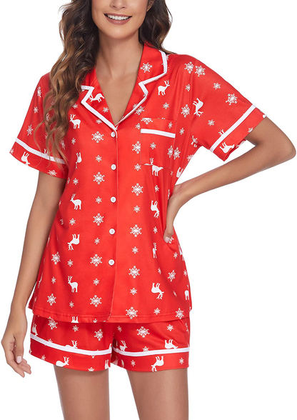 Ekouaer Pajamas Soft Striped Women's Short Sleeve Button Sleepwear Shorts Shirt PJ Set(S-XXL) Apparel & Accessories > Clothing > Sleepwear & Loungewear > Pajamas Ekouaer A-christmas Printed Reindeer Red XX-Large 
